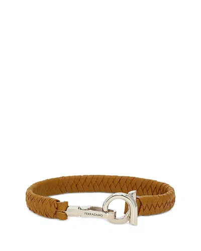 Ferragamo Braided Leather And Brass Bracelet In Tan