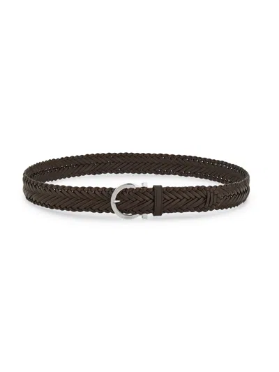 Ferragamo Braided Leather Belt With Rounded Silver Buckle In Brown