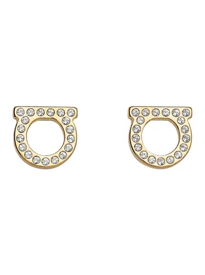 Ferragamo Brass Hook Earrings With Sparkling Rhinestone Interlocking Motif And Butterfly Closure In Gold
