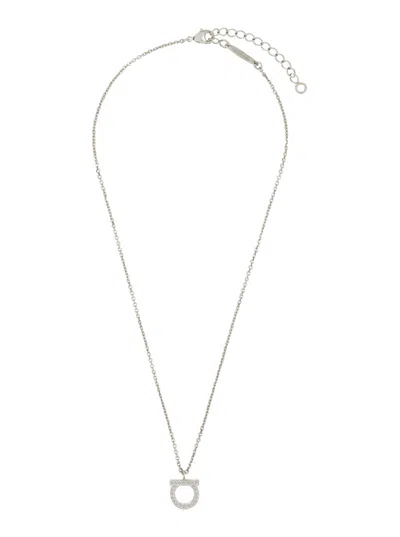 Ferragamo Brass Hook Pendant Necklace With Rhinestone-embellished Interlocking Motif In Metallic