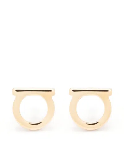 Ferragamo Brass Logo Hook Earrings With Butterfly Clasp For Pierced Lobes In Gold