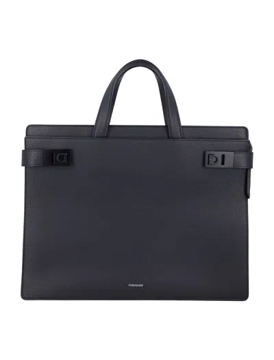 Ferragamo Men's Briefcase With Gancini Buckles In Black