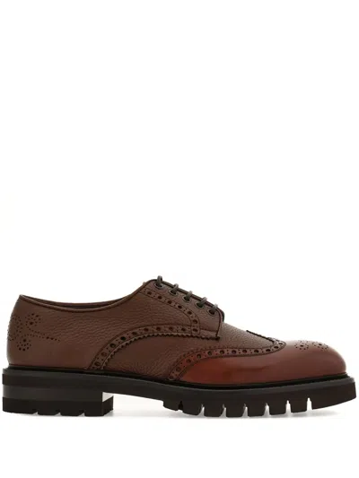 Ferragamo Brogue Wingtip Derby Shoes In Brown
