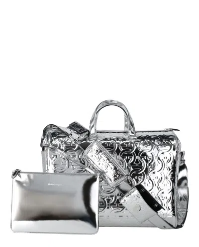 Ferragamo Brooklyn Monogram Metallic Leather Tote In Silver