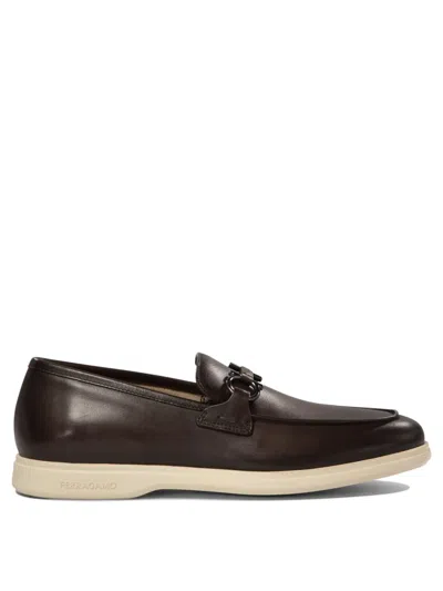 Ferragamo Brown Calf Leather Loafers In Black
