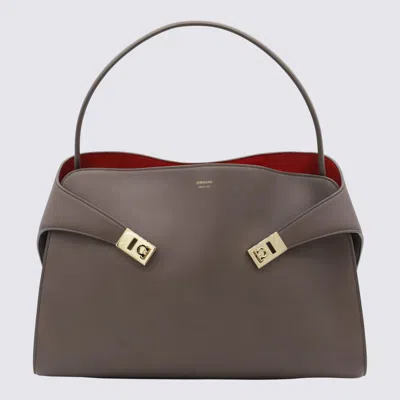 Ferragamo Brown Calf Leather Top Handle Bag In Clay Flame Red