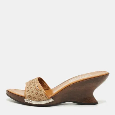 Pre-owned Ferragamo Brown Canvas And Leather Wedge Sandals Size 38