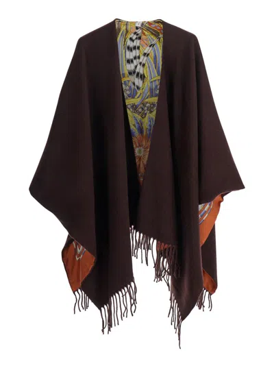 FERRAGAMO BROWN CAPE WITH FRINGED HEM IN WOOL AND CASHMERE WOMAN