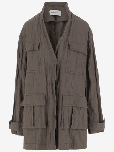 Ferragamo Brown Cotton Ruched Effect Jacket