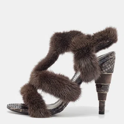 Pre-owned Ferragamo Brown Fur And Python Leather Ankle Strap Sandals 38.5