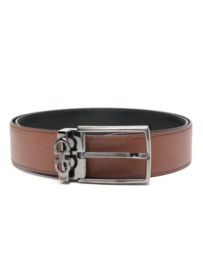 Ferragamo Stamped Leather Reversible Gancini Belt In Brown