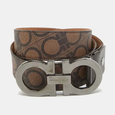 Pre-owned Ferragamo Brown Gancini Print Leather Buckle Belt 115cm