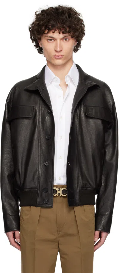 FERRAGAMO BROWN GRAINY LEATHER JACKET