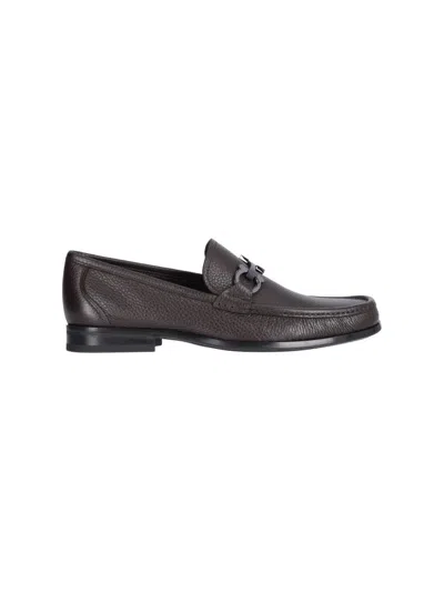 FERRAGAMO BROWN HAMMERED LEATHER LOAFER