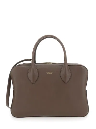 Ferragamo Brown Handbag With Three Zips And Logo Printed On The Front In Leather Woman In Grey