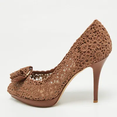 Ferragamo Brown Lace Bonita Platform Peep Toe Pumps