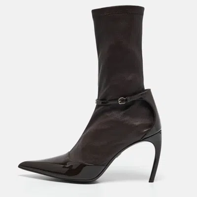 Pre-owned Ferragamo Brown Leather And Patent Leather Mid Calf Boots Size 39.5