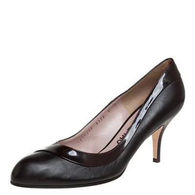 Ferragamo Brown Leather And Patent Leather Pumps In Black