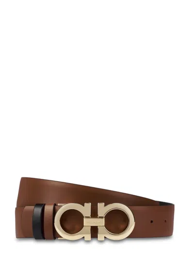 Ferragamo Brown Leather Belt With Gold-tone Buckle In Red