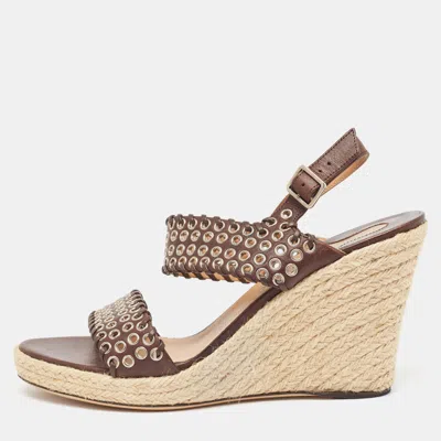 Ferragamo Brown Leather Eyelet Embellished Wedge Sandals