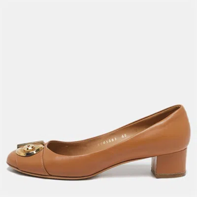 Pre-owned Ferragamo Brown Leather Fiamma Keyhole Block Heel Pumps Size 40