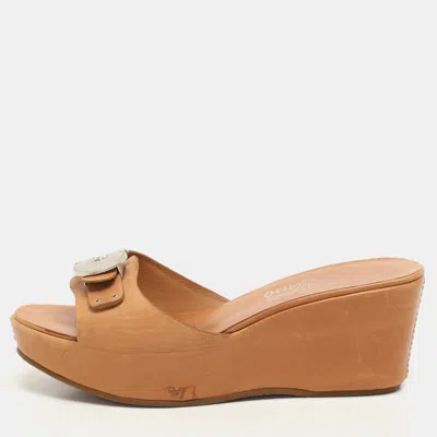 Ferragamo Brown Leather Gancini Buckle Wedge Sandals In Neutral