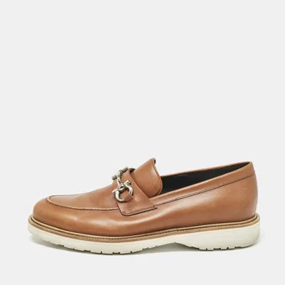Pre-owned Ferragamo Brown Leather Gancini Loafers Size 43.5