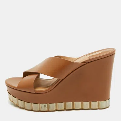 Pre-owned Ferragamo Brown Leather Nicosia Wedge Sandals Size 39.5