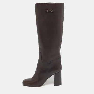Pre-owned Ferragamo Brown Leather Ovidio Knee Length Boots Size 37.5