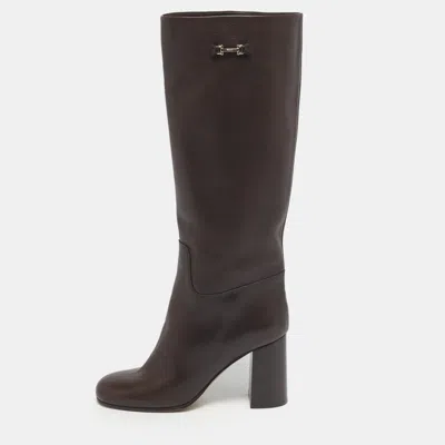 Pre-owned Ferragamo Brown Leather Ovidio Knee Length Boots Size 40.5