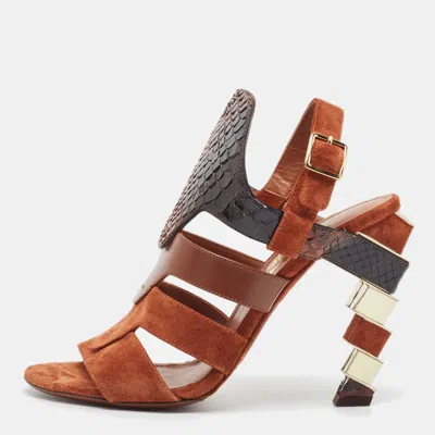 Pre-owned Ferragamo Brown Leather Python And Leather Laos Ankle Strap Sandals Size 37.5
