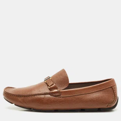 Pre-owned Ferragamo Brown Leather Slip On Gancio Loafers Size 45