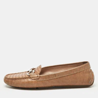 Pre-owned Ferragamo Brown Lizard Embossed Leather Loafers Size 40