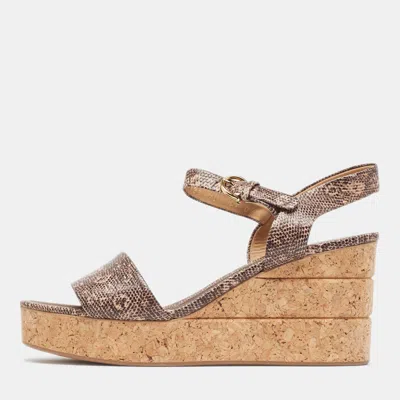 Pre-owned Ferragamo Brown Lizard Embossed Leather Madea Cork Wedge Sandals Size 40
