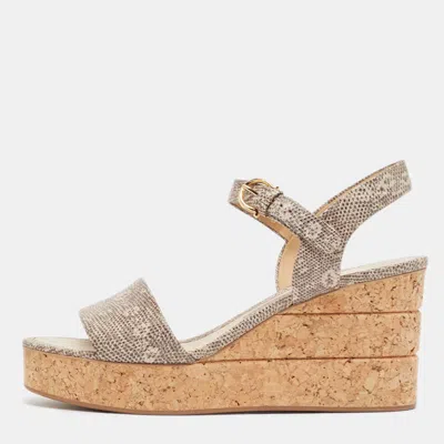 Pre-owned Ferragamo Brown Lizard Embossed Leather Madea Wedge Sandals Size 39.5