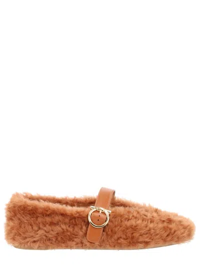 Ferragamo Brown Love Ornament Shearling Flats In Orange