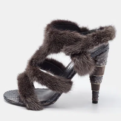 Pre-owned Ferragamo Brown Mink Fur And Python Leather Cage Sandals Size 39