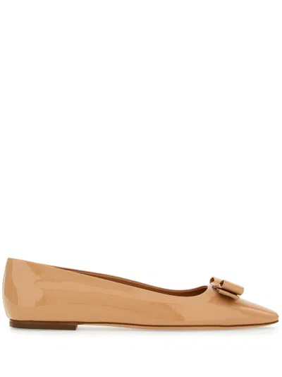 Ferragamo Brown Patent Leather Ballerina Flats With Bow Detailing For Women