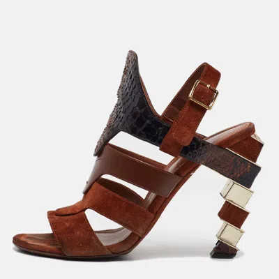 Pre-owned Ferragamo Brown Python Leather And Suede Laos Ankle Strap Sandals 37.5