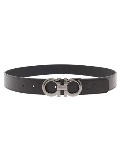 Ferragamo Brown Reversible Belt With Gancini Buckle In Leather Man In Black