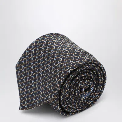 Ferragamo Brown Silk Tie With Gancini Print In Blue