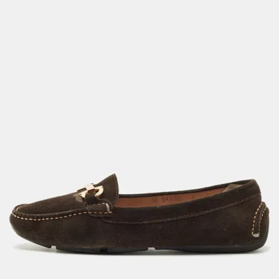 Pre-owned Ferragamo Brown Suede Gancini Loafers Size 37.5