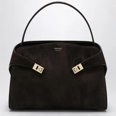 Ferragamo Brown Suede Hug Soft Xl Shoulder Bag In Black
