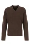 Ferragamo Earthy Ribbed V-neck Wool Sweater In Brown