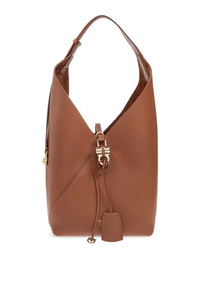 FERRAGAMO FERRAGAMO BROWN V-SHAPED HOBO BAG