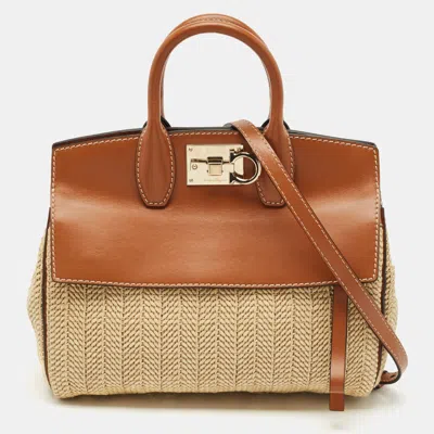 Pre-owned Ferragamo Brown/beige Raffia And Leather Studio Tote