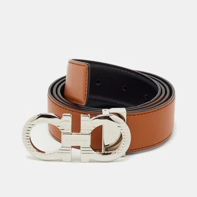 Pre-owned Ferragamo Brown/black Leather Gancini Buckle Reversible Cut To Size Belt