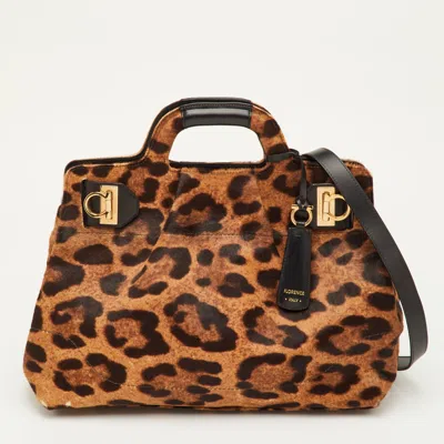 Pre-owned Ferragamo Brown/black Leopard Print Calf Hair And Leather Satchel