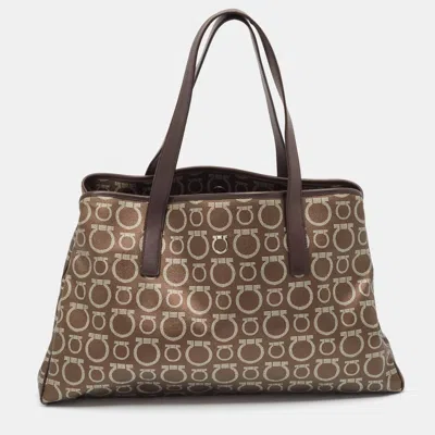 Pre-owned Ferragamo Brown/silver Gancini Printed Coated Canvas And Leather Zip Tote