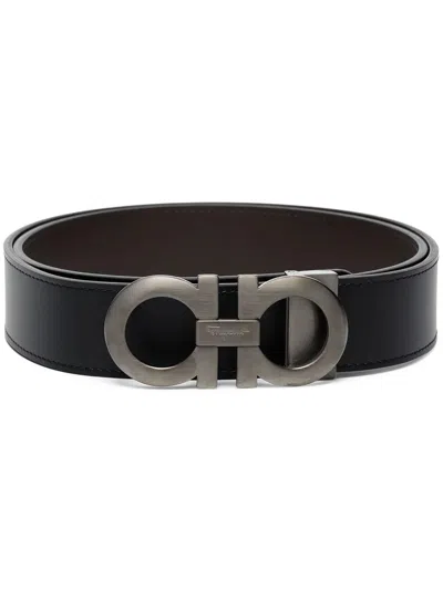 Ferragamo Brushed Finish Gancini Reversible Belt In Black